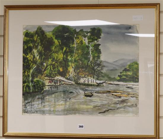 Luke Piper (1966-), ink and watercolour, Kambadaga down stream with figures, CCA label verso, 44 x 57cm